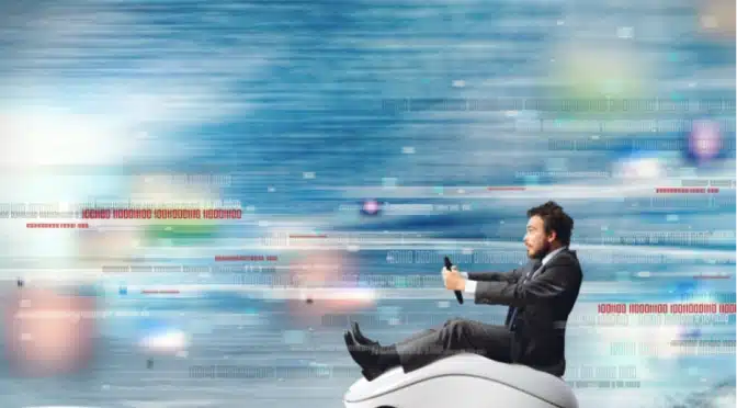 man sitting on mouse speeding through the internet