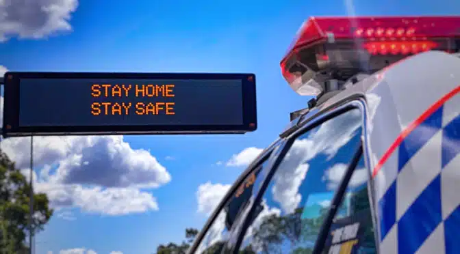 Police care with LED sign reading Stay Home, Stay Safe