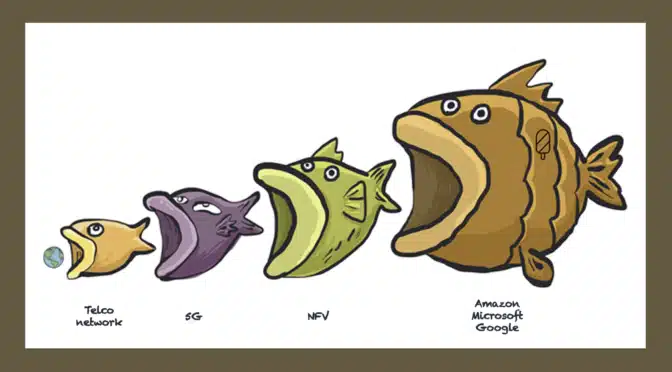 Diagram showing food chain of fish representing where telco networks sit in relation to Google, Amazon and Microsoft